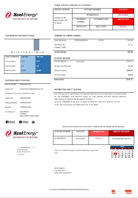 USA Colorado XcelEnergy electricity business utility bill template in Word and PDF formats, version 3